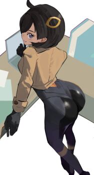 1girl ass black_bodysuit black_hair bodysuit brown_jacket closed_mouth computer desk emma_(pokemon) from_above from_behind highres j@ck jacket laptop leaning_forward looking_back nintendo pokemon pokemon_legends:_z-a purple_eyes side_ahoge skin_tight solo white_background