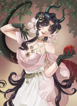 Rule 34 | 1girl, :d, anjo nala, anjo nala (forbidden fruit), apple, black hair, breasts, brown background, cleavage, demon girl, demon horns, dress, fangs, flower, food, fruit, gloves, gold choker, green gloves, green horns, green tail, hair flower, hair ornament, hands up, head tilt, highres, holding, holding food, holding fruit, horns, large breasts, leaf, lizard tail, long hair, looking at viewer, mana (t5a1il), official alternate costume, open mouth, purple eyes, reverse:1999, sleeveless, sleeveless dress, smile, solo, tail, teeth, upper body, upper teeth only, very long hair, white dress, white flower