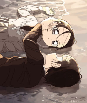 1boy 1girl adjusting_another's_hair beach black_eyes black_hair commentary_request couple eye_contact gakuran highres looking_at_another lying on_side original outdoors school_uniform serafuku short_hair takanashi_atashi upper_body water