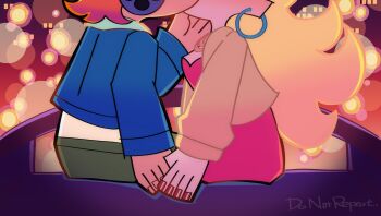 1523418 1boy 1girl blonde_hair blue_jacket breasts brief_(psg) city_lights colored_inner_hair commentary couple dating dress earrings english_text ferris_wheel freckles green_pants hair_over_eyes headphones hetero highres holding_hands hoop_earrings jacket jewelry kiss long_hair lower_body multicolored_hair official_style orange_hair pants panty_&amp;_stocking_with_garterbelt panty_&amp;_stocking_with_garterbelt_(style) panty_(psg) red_dress symbol-only_commentary two-tone_hair