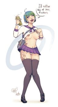 Rule 34 | 1girl, arm tattoo, artist name, barbell piercing, black shoes, black thighhighs, blue hair, bob cut, breasts, can, character name, clothes lift, devilhs, drink can, earth-chan, face piercing, full body, green hair, highres, holding, holding can, leg tattoo, medium breasts, microskirt, multicolored hair, navel, navel piercing, nipple piercing, nipples, nose piercing, nose ring, one eye closed, original, panties, piercing, pink eyes, purple sailor collar, purple skirt, sailor collar, shirt, shirt lift, shoes, short hair, signature, simple background, skirt, solo, stomach tattoo, sweat, tattoo, thighhighs, tongue, tongue out, tongue piercing, two-tone hair, underwear, white background, white panties, white shirt