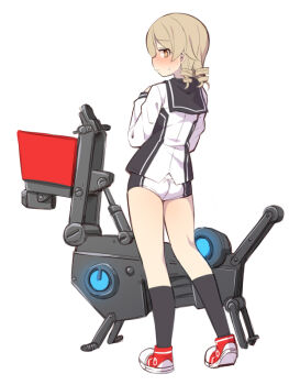 Rule 34 | 1girl, ass, black sailor collar, black socks, blush, brown eyes, brown hair, cosplay, flat ass, full body, hand up, idolmaster, idolmaster cinderella girls, kneehighs, long hair, long sleeves, looking at viewer, looking back, morikubo nono, national shin ooshima school uniform, non-humanoid robot, nose blush, profile, red shoes, revision, ringlets, robot, sailor collar, school uniform, shirt, shoes, short shorts, shorts, simple background, socks, solo, standing, sweat, uccow, vividred operation, white background, white shirt, white shorts