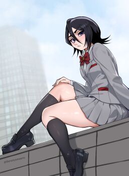 1girl black_hair black_shoes black_socks blazer bleach blush bow bowtie commentary_request grey_eyes grey_jacket grey_skirt hair_between_eyes harutoyumaarts highres jacket kneehighs kuchiki_rukia loafers long_sleeves looking_at_viewer parted_lips pleated_skirt red_bow red_bowtie school_uniform shirt shoes short_hair sitting skirt socks thighs twitter_username white_shirt