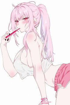 1girl absurdres artist_name bare_shoulders black_nails blush breasts brushing_teeth closed_mouth commentary dolphin_shorts english_commentary fingernails highres holding holding_toothbrush hololive hololive_english kamiya_maneki large_breasts leaning_forward long_hair looking_at_viewer messy_hair mori_calliope nail_polish pink_eyes pink_hair pink_shorts ponytail shorts signature simple_background solo tank_top thighs toothbrush twitter_username virtual_youtuber white_background white_tank_top