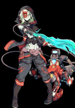 1girl abs alternate_costume black_background breasts cleavage commentary diabellstar_the_black_witch duel_monster english_commentary green_eyes green_hair half_mask highres holding holding_hose hood hood_up hose large_breasts machine mask muscular muscular_female pale_skin red_mask rescue-ace_hydrant vincent_graphic_art water yu-gi-oh!