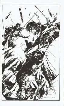 1990s_(style) armor battle duel fighting highres ink knight_armor knights monochrome multiple_boys perspective rance rance_(series) retro_artstyle sword weapon yamashita_toshinari