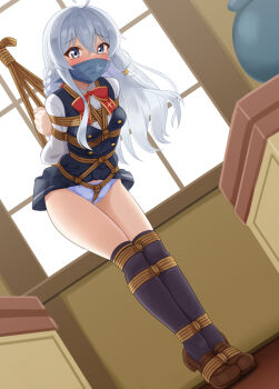 1girl ahoge arms_behind_back bdsm between_breasts between_legs between_thighs black_socks blush bondage bound bound_arms bound_breasts bound_legs bound_torso bow bowtie braid breasts brown_shoes clenched_hand cloth_gag clothes_lift collarbone commission crotch_rope crying crying_with_eyes_open elaina_(majo_no_tabitabi) embarrassed female_focus gag gagged improvised_gag indoors kneehighs legs legs_together long_hair majo_no_tabitabi midriff_peek miniskirt mukanata over_the_nose_gag panties pleated_skirt purple_panties red_bow red_bowtie rope school_uniform shirt shoes side_braid sidelocks skeb_commission skin_tight skindentation skirt skirt_lift small_breasts socks solo tearing_up tears thighs tiptoes underwear vest white_shirt window