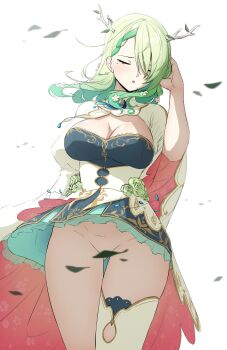 1girl absurdres antlers blush braid braided_bangs breasts ceres_fauna ceres_fauna_(1st_costume) closed_eyes commentary convenient_censoring daydarion dress earrings english_commentary gluteal_fold green_hair green_skirt groin highres hololive hololive_english horns jewelry large_breasts leaf leaf_censor long_hair mole mole_under_eye no_panties open_mouth simple_background skirt solo thighhighs thighs tree_horns virtual_youtuber white_background white_dress white_thighhighs wind