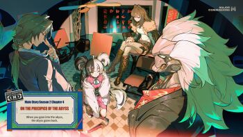 2boys 2girls adjusting_eyewear banyue_(zenless_zone_zero) black_hair boots braid breasts brown_hair casual crossed_legs dialyn_(zenless_zone_zero) fur_trim glasses hair_intakes hairband hand_on_eyewear highres long_hair multicolored_hair multiple_boys multiple_girls official_alternate_costume red_eyes robot robot_boy shorts split-color_hair very_long_hair white_hair ye_shiyuan ye_shunguang yellow_eyes zenless_zone_zero