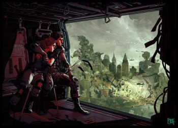 Rule 34 | 1boy, 1girl, absurdres, aircraft, box of want, cigarette, commission, commissioner upload, couple, gloves, helicopter, highres, meryl silverburgh, metal gear (series), metal gear solid 2: sons of liberty, non-web source, ruins, smoking, sneaking suit, solid snake