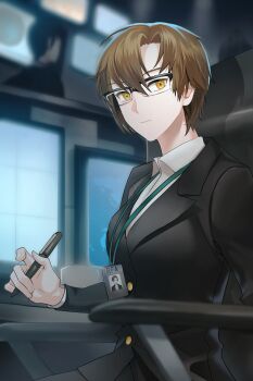 1girl black_skirt blazer blurry blurry_background brown_eyes brown_hair chair computer cup dress_shirt facing_to_the_side flat_chest game_cg glasses highres holding holding_pen indoors jacket kang_jaehee lanyard looking_at_viewer monitor multiple_monitors office office_chair office_lady official_art parted_bangs pen pencil_skirt secretary semi-rimless_eyewear shirt short_hair sitting skirt susanghan_messenger swivel_chair third-party_source white_shirt