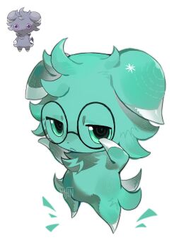 :&lt; alternate_color alternate_shiny_pokemon animal_focus animal_hands aqua_fur bairizuomeng black_eyes cat closed_mouth colored_sclera espurr full_body gen_6_pokemon glasses green_sclera highres looking_at_viewer nintendo no_humans pokemon pokemon_(creature) reference_inset simple_background solo standing two-tone_fur white_background white_fur