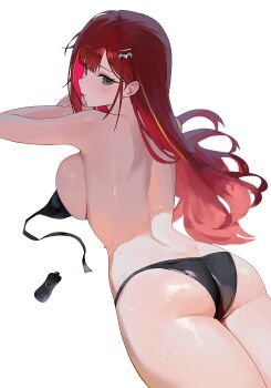 1girl absurdres akane_lize ass back bare_arms bare_shoulders bikini black_bikini black_eyes breasts commentary cowboy_shot english_commentary hair_ornament hairclip highres large_breasts long_hair looking_at_viewer looking_back lotion_bottle lying median_furrow mole mole_on_thigh mole_under_eye multicolored_hair nbee_ya open_clothes parted_lips red_hair simple_background solo stellive streaked_hair string_bikini swimsuit thighs untied_bikini virtual_youtuber wet white_background