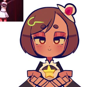 1girl black_dress bright_pupils brown_eyes brown_hair closed_mouth dress hat holding light_blush looking_at_viewer meiko_(vocaloid) rainelyn00 reference_inset short_hair simple_background solo star_(symbol) straight-on upper_body vocaloid white_background white_hat white_pupils