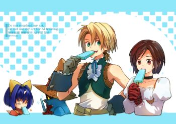 2boys 2girls aqua_eyes aqua_vest aqua_wrist_cuffs bare_shoulders black_choker black_mage_(final_fantasy) blonde_hair blue_border blue_coat blue_hair border bow breasts brown_eyes brown_hair choker closed_eyes coat cropped_torso eating eiko_carol final_fantasy final_fantasy_ix food garnet_til_alexandros_xvii gloves grey_gloves hair_bow hand_on_own_hip hat holding holding_food holding_ice_cream horns ice_cream ice_cream_bar juliet_sleeves long_sleeves looking_at_another low_ponytail medium_breasts mini_wings multiple_boys multiple_girls neck_ribbon open_mouth overalls pink_sweater ponytail puffy_sleeves red_gloves ribbon shirt short_hair single_horn sleeveless sleeveless_shirt sweater takase_toho vest vivi_ornitier white_shirt wings wizard_hat wrist_cuffs yellow_bow yellow_eyes yellow_overalls zidane_tribal
