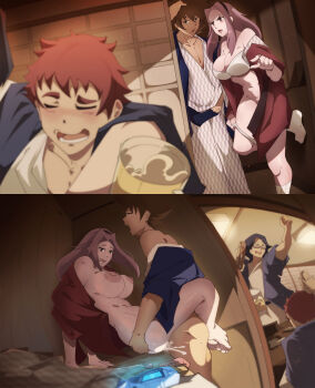 1girl 2koma 3boys absurdres annoyed arm_support bare_legs barefoot bra breasts brown_eyes brown_hair censored cheating_(relationship) clothes_pull comic cum cum_in_pussy digimon drunk eyebrows eyelashes foot_out_of_frame from_side highres index_finger_raised izumi_koshiro kido_jo knees_apart_feet_together large_breasts leaning_back leg_lock long_hair mosaic_censoring multiple_boys netorare nipples no_bra no_panties open_clothes open_robe orphen_(pink_seito) panties panty_pull pink_hair pointing pointing_at_another pulling_own_clothes red_robe robe silent_comic socks tachikawa_mimi underwear undressing white_bra white_socks yagami_taichi