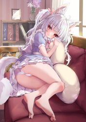 Rule 34 | 1girl, animal ear fluff, animal ears, ass, bare legs, barefoot, blue dress, blush, book, bookshelf, clothes lift, commission, couch, dress, dress lift, feet, fox ears, fox girl, fox tail, full body, highres, indoors, kneepits, legs, long hair, looking at viewer, lying, no shoes, nyahu (nyahu 77), on side, original, panties, pantyhose, pillow, red eyes, second-party source, short sleeves, skeb commission, smile, soles, solo, tail, thighband pantyhose, thighs, twintails, underwear, w, white hair, white panties