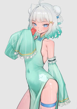 Rule 34 | 1girl, absurdres, ahoge, blue eyes, braid, breasts, china dress, chinese clothes, densetsu.exe, detached sleeves, dress, flat chest, gradient hair, green dress, green hair, green sleeves, hair ornament, highres, hip focus, lunarisbloom, mint fantome, multicolored hair, pointy ears, sideboob, smile, standing, thigh strap, thighs, triangular headpiece, virtual youtuber, white background, white hair, x hair ornament