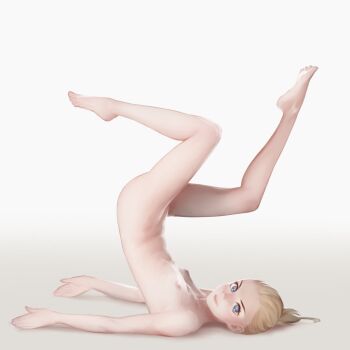 1girl ass barefoot blonde_hair blue_eyes breasts feet female_focus flat_chest flexible legs_up lips lipstick loli looking_at_viewer makeup navel nipples nude saige199 simple_background small_breasts solo top-down_bottom-up upside-down yoga