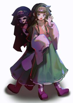 2boys alluka_zoldyck black_hair blue_eyes blunt_bangs boots cloud_(lufaeris) commentary dual_persona english_commentary full_body green_skirt hand_up highres hollow_eyes hollow_mouth hunter_x_hunter japanese_clothes long_hair long_sleeves looking_at_viewer male_focus multiple_boys nanika_(hunter_x_hunter) open_mouth purple_boots purple_robe robe simple_background skirt smile trap white_background