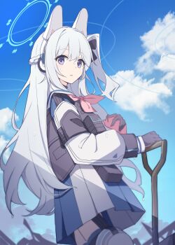 1girl absurdres animal_ear_headphones animal_ears black_gloves blue_archive blue_halo blue_skirt blue_sky braid bulletproof_vest cloud commentary cowboy_shot day dice_choco fake_animal_ears from_side gloves half_up_braid halo headphones highres holding holding_phone holding_shovel long_hair long_sleeves looking_to_the_side miyako_(blue_archive) neckerchief one_side_up parted_lips phone pink_neckerchief pleated_skirt pouch purple_eyes rabbit_ear_headphones rabbit_ears sailor_collar school_uniform shovel skirt sky solo sweat tactical_school_uniform white_hair white_sailor_collar
