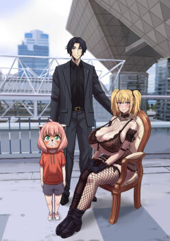akai_melon alternate_breast_size_(larger) ani_(xai) ani_(xai)_(cosplay) anya_(spy_x_family) bare_shoulders black_choker black_corset black_gloves black_hair blonde_hair blush breasts choker cleavage corset cosplay earrings fishnet_thighhighs fishnets gloves goth_fashion highres huge_breasts jewelry lace lace-trimmed_armband lace-trimmed_choker lace-trimmed_gloves lace_choker lace_collar lace_trim long_hair looking_at_viewer multiple_girls navel outdoors panties smile spy_x_family strap_gap thighhighs twilight_(spy_x_family) twintails underwear valentine_(xai) xai_(company) yor_briar
