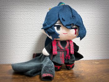 1boy belt black_coat black_eyes black_hair black_hanfu black_robe blood bloody_tears character_doll chinese_clothes closed_mouth coat doll family_hierarch_candidate_(identity)_(project_moon) hanfu high_ponytail highres holding holding_unworn_clothes hong_lu_(project_moon) limbus_company long_sleeves male_focus mwg_harito one_eye_closed ponytail project_moon red_belt robe sidelocks smile solo stole stuffed_toy traditional_media unconventional_media unworn_coat