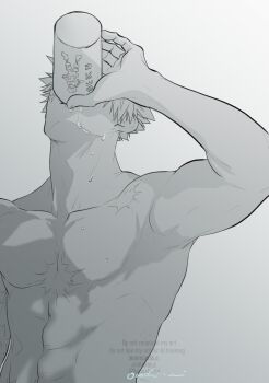 1boy abs arm_up armpits bakugou_katsuki boku_no_hero_academia collarbone commentary cup drinking grey_background greyscale highres holding holding_cup male_focus monochrome nude oroshi_mi pectorals scar scar_on_chest scar_on_face scar_on_shoulder short_hair signature simple_background solo spiked_hair spilling symbol-only_commentary toned toned_male watermark