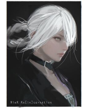 Rule 34 | 1girl, black background, black choker, black jacket, border, braid, braided hair rings, breasts, brown eyes, choker, closed mouth, copyright name, d.k, grey hair, hair between eyes, hair over one eye, hair rings, jacket, kaine (nier), long hair, medium breasts, nier (series), nier reincarnation, sketch, solo, upper body, white border