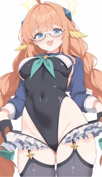 1girl :d absurdres black_leotard blue-framed_eyewear blue_archive blue_eyes blush braid breasts commentary_request covered_navel fang glasses grey_thighhighs halo highres leotard long_hair looking_at_viewer medium_breasts mushpz official_alternate_costume open_mouth orange_hair semi-rimless_eyewear shimiko_(blue_archive) shimiko_(magical)_(blue_archive) simple_background skin_fang smile solo thighhighs thighs twin_braids under-rim_eyewear very_long_hair white_background yellow_halo