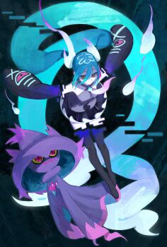 1girl aqua_hair black_thighhighs commentary detached_sleeves floating gen_4_pokemon ghost ghost_miku_(project_voltage) glitch grey_shirt hair_between_eyes hatsune_miku highres long_hair mismagius mumukyabi necktie nintendo pale_skin pokemon pokemon_(creature) project_voltage see-through_clothes see-through_skirt shirt skirt symbol-only_commentary thighhighs twintails very_long_hair vocaloid will-o&#039;-the-wisp_(mythology) yellow_eyes