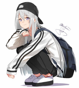 Rule 34 | 1girl, backpack, backwards hat, bag, black hat, black pants, earclip, hair ornament, hairclip, hat, highres, isshiki (ffmania7), long hair, long sleeves, looking at viewer, original, pants, purple eyes, shirt, simple background, sleeves past wrists, smile, striped, watermark, white background, white hair, white shirt