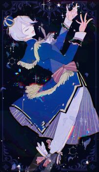 1girl arms_up black_background blue_capelet blue_jacket capelet closed_eyes crown grey_hair hair_between_eyes highres jacket juliet_sleeves long_sleeves lrprr mini_crown open_mouth pants pretty_series pripara puffy_sleeves reaching shikyoin_hibiki short_hair smile solo standing white_pants