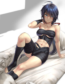 Rule 34 | 1girl, abs, absurdres, ahoge, arm support, arm up, arm wrap, bare shoulders, black hair, blue eyes, breasts, budget sarashi, chest sarashi, cleavage, closed mouth, collarbone, commentary request, full body, futon, hair between eyes, hair over one eye, hair ribbon, highres, indoors, kako (kancolle), kako kai ni (kancolle), kantai collection, kokuzou, large breasts, leg wrap, long hair, looking at viewer, messy hair, naked sarashi, navel, ponytail, red ribbon, ribbon, sarashi, shadow, sidelocks, sitting, solo, stomach, underboob