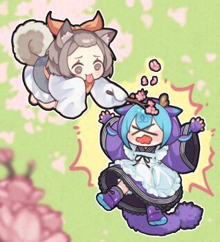 >_< 2girls animal_ears ash_blossom_&amp;_joyous_spring blue_eyes branch cherry chibi dog_ears dog_girl dog_tail dragon_girl dragon_horns dragon_tail duel_monster food forehead fruit full_body gameplay_mechanics grey_eyes grey_hair hitting holding holding_branch horns japanese_clothes kimono laundry_dragonmaid maid multiple_girls purple_kimono senada37 short_kimono tail tongue tongue_out wa_maid yu-gi-oh!