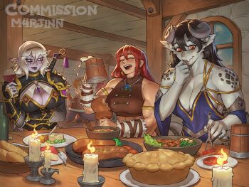 1boy 3girls abs absurdres arm_under_breasts armlet armor artist_name bare_shoulders beer_mug black_armor black_hair black_lips black_shirt blue_gem bottle bread breasts brick_wall candle candlelight candlestand cheese cleavage cleavage_cutout clothing_cutout collarbone colored_skin commentary commission covered_collarbone crescent crescent_earrings cropped_shirt cup detached_sleeves dragon_girl dragon_horns dragon_tail dress drinking_glass earrings elf english_commentary face_piercing food food_bite fork gem gold_armlet grey_horns grey_nails grey_skin hair_between_eyes hairband hand_up highres holding holding_cup holding_fork horns indoors jewelry knife large_breasts lip_piercing long_hair looking_at_another looking_at_food looking_down m4rjinn mark_under_both_eyes meat medium_hair midriff mug multiple_girls muscular muscular_female open_mouth original pie piercing plate pointy_ears purple_dress purple_eyes purple_skin red_eyes red_hair rynn salad shirt shoulder_armor sidelocks sitting smile stake sword sword_on_back sword_tassel table tail tassel tavern teeth tomato tomato_slice upper_body upper_teeth_only weapon weapon_on_back weapon_tassel white_background wide_sleeves window wine_bottle wine_glass wooden_table yellow_hairband yellow_nails