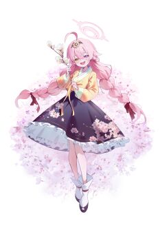 Rule 34 | 1girl, absurdres, ahoge, alternate costume, black shoes, black skirt, blue archive, blue eyes, blush, braid, branch, clothing request, commentary, fang, full body, hair between eyes, halo, hands up, heterochromia, highres, holding, holding branch, hoshino (blue archive), jinbin825, long hair, looking at viewer, open mouth, pink hair, pink halo, shoes, skirt, solo, standing, twin braids, twintails, very long hair, yellow eyes