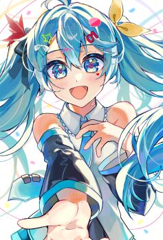 1girl 39 ahoge aqua_necktie aqua_trim bandaid black_skirt blue_eyes blue_hair blush collarbone collared_shirt detached_sleeves hair_between_eyes hair_ornament hand_on_own_chest hatsune_miku highres higuluma long_hair long_sleeves necktie number_hair_ornament open_mouth pleated_skirt reaching reaching_towards_another shirt skirt sleeveless sleeveless_shirt smile solo twintails very_long_hair vocaloid white_shirt wide_sleeves