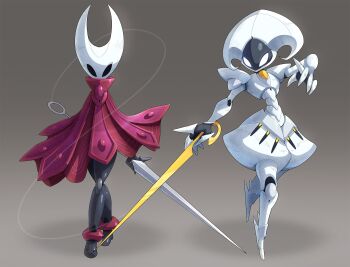armor armored_dress arthropod_girl black_background cloak commentary dress english_commentary flower gradient_background grey_background highres holding holding_needle holding_sword holding_weapon hollow_knight hollow_knight:_silksong hornet_(hollow_knight) horns knight lace_(hollow_knight) mega_man_(series) mega_man_zero_(series) mega_man_zx needle red_cloak simple_background spider_lily string sword ultimatemaverickx weapon
