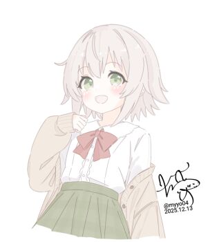 1girl bow bowtie cardigan chame_(myyo04) dated green_eyes green_skirt grey_cardigan grey_hair kantai_collection light_blush looking_at_viewer open_cardigan open_clothes open_mouth red_bow red_bowtie shimushu_(kancolle) shirt short_hair sidelocks signature simple_background skirt smile solo twitter_username white_background white_shirt