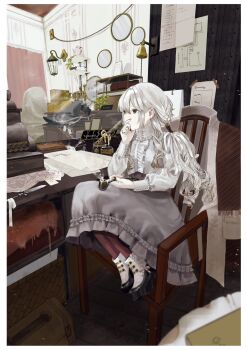 Rule 34 | 1girl, amazu (uzu amazu), black corset, boots, border, center frills, chair, coat, commentary request, corset, cowboy shot, desk, dress, drill hair, earrings, feet on chair, fingernails, frilled shirt, frills, full body, green eyes, grey skirt, hand on own chin, hat, highres, holding, holding smoking pipe, indoors, jewelry, long hair, long skirt, long sleeves, nail polish, on chair, original, pantyhose, paper, platform boots, price tag, quill, red nails, red pantyhose, ring, scarf, shirt, shop, sitting, skirt, smoke, smoking pipe, solo, stud earrings, suitcase, table, thinking, unworn coat, unworn hat, unworn headwear, unworn scarf, white border, white hair, white shirt, witch hat, wrist cuffs