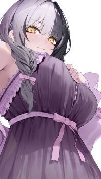 Rule 34 | 1girl, absurdres, black hair, bow, braid, breasts, closed mouth, commentary, empire waist, english commentary, frilled nightgown, from below, grey hair, hair bow, hair over shoulder, hand on own chest, hand up, highres, hololive, hololive english, large breasts, long hair, looking at viewer, low twin braids, multicolored hair, nightgown, official alternate costume, official alternate hairstyle, pink bow, purple nightgown, revision, shiori novella, shiori novella (sleepwear), simple background, solo, split-color hair, twin braids, two-tone hair, virtual youtuber, white background, yellow eyes, yoellim5