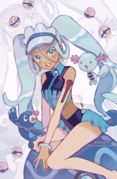 1girl :d :o absurdres blue_eyes blue_hair blue_shirt collared_shirt commentary full_body gen_2_pokemon gen_7_pokemon hair_between_eyes hatsune_miku heal_ball highres long_hair looking_at_viewer milktuart nintendo open_mouth pink_nails poke_ball pokemon pokemon_(creature) popplio project_voltage sea_lion shirt simple_background sitting smile symbol-only_commentary tan tanline twintails visor_cap vocaloid water_miku_(project_voltage) white_background wooper zipper_pull_tab
