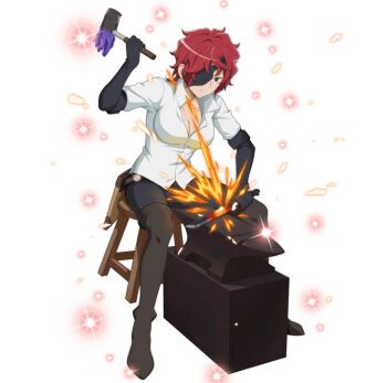 1girl breasts cleavage dungeon_ni_deai_wo_motomeru_no_wa_machigatteiru_darou_ka eyepatch hephaistos_(danmachi) large_breasts official_art red_hair smile source_request