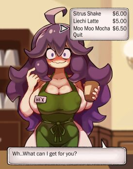 1girl alternate_breast_size_(larger) apron blush breasts cleavage coffee cup curvy dialogue_box embarrassed english_text headband hex_maniac_(pokemon) hex_maniac_(pokemon_xy) highres holding holding_cup huge_breasts iced_latte_with_breast_milk_(meme) kurt_robinson long_hair looking_at_viewer meme menu messy_hair naked_apron name_tag nintendo pink_headband pokemon pokemon_xy price price_list purple_eyes purple_hair sideboob solo speech_bubble starbucks wavy_mouth wide_hips