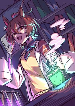 1girl agnes_tachyon_(tach-nology)_(umamusume) agnes_tachyon_(umamusume) ahoge animal_ears beaker black_necktie black_shirt blush book bookshelf breasts brown_hair chart coat collared_shirt hair_between_eyes highres holding holding_test_tube horse_ears horse_girl huge_ahoge lab_coat large_breasts long_sleeves looking_at_viewer necktie open_clothes open_coat open_mouth red_eyes shachiwo shirt short_hair short_necktie sidelocks sleeves_past_fingers sleeves_past_wrists smile smoke solo sweater table test_tube test_tube_rack umamusume white_coat wide_sleeves wolf_cut yellow_sweater