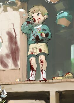 1boy blonde_hair blood blood_on_clothes blood_on_face blood_splatter blowing_bubbles bubble child commentary_request flower full_body green_eyes hat highres kindergarten_uniform male_focus name_tag original school_hat shirokujira shorts shouji sliding_doors socks solo veranda white_flower white_socks yellow_hat yellow_shorts