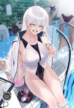 3girls :d blue_hair blurry blurry_background breasts food highres holding holding_food holding_popsicle jacket jacket_on_shoulders large_breasts long_hair multiple_girls one-piece_swimsuit open_mouth original pool poolside popsicle rerrere sitting smile solo_focus swimsuit tan tanline very_long_hair white_hair white_one-piece_swimsuit