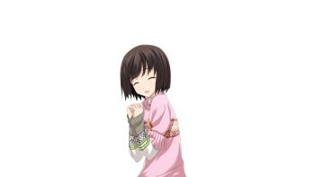 1girl bob_cut brown_hair chaos;child child closed_eyes collared_shirt from_side game_cg highres matsuo_yukihiro non-web_source official_art open_mouth own_hands_together pink_sweater science_adventure shirt short_hair solo sprite sweater swept_bangs tachibana_yui transparent_background white_shirt