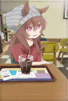 1girl animal_ears beanie beer_hsk brown_hair chair checkered_floor commentary_request cup drink drinking_glass drinking_straw ears_through_headwear grey_hat hair_between_eyes hat horse_ears indoors long_hair looking_at_viewer nakayama_festa_(umamusume) on_chair parted_lips purple_eyes red_shirt shirt short_sleeves smile solo striped_clothes striped_headwear table tray umamusume upper_body vertical-striped_clothes vertical-striped_headwear